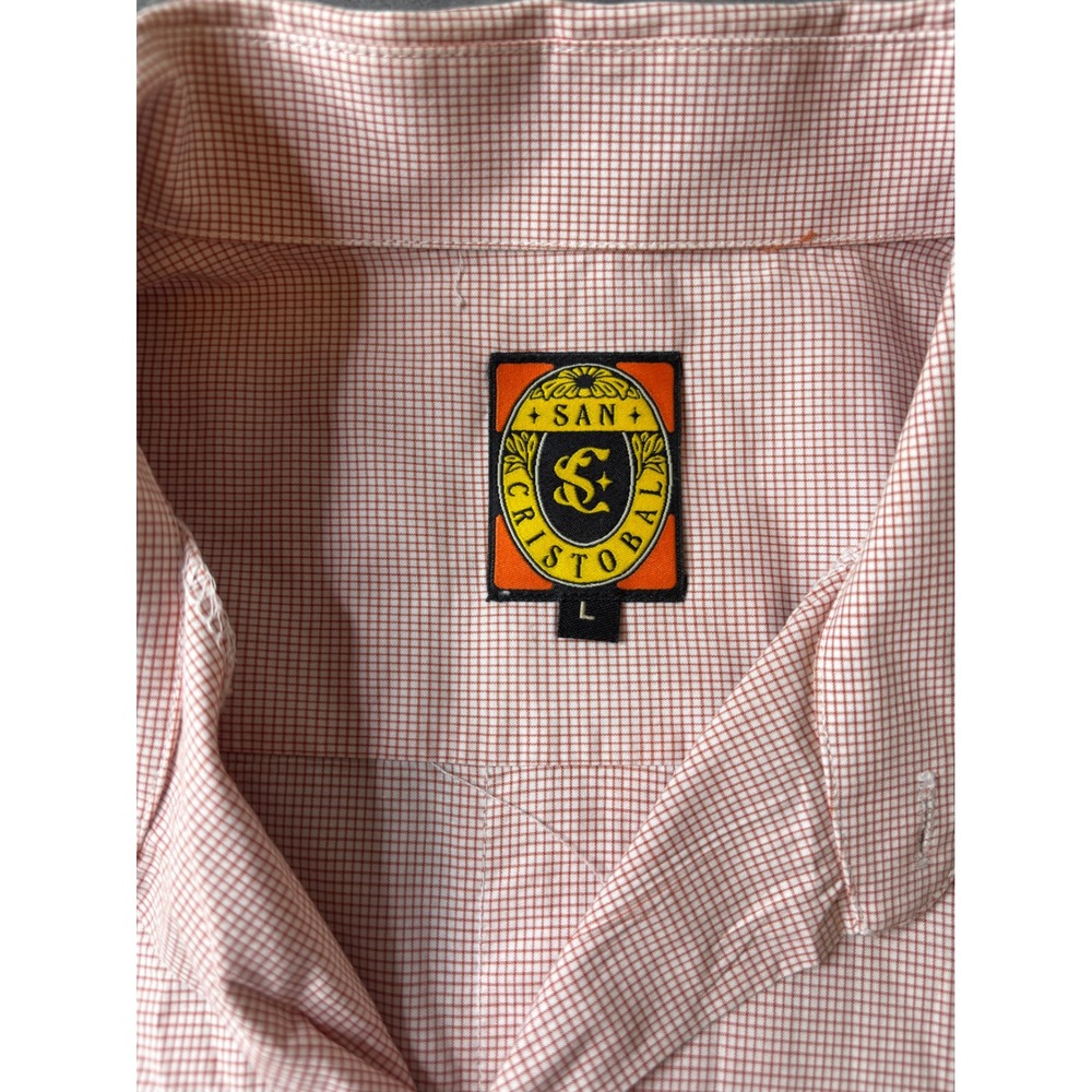 San Cristobal Mens Guayabera Shirt Large Terracotta Check Embroidered Cotton L - Picture 4 of 8